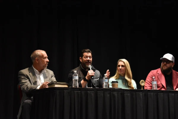 Father Mike Schmitz, a keynote speaker at SEEK25 in Salt Lake City, shares his reflections on SEEK at a press conference on Jan. 4, 2025. Left to right: Curtis Martin, Father Mike Schmitz, Jackie Francois-Angel, and Jonathan Blevins. Credit: Kate Quiñones/CNA