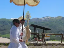 The Eucharist makes its way up a ski hill in Steamboat Springs, Colorado, as part of the National Eucharistic Pilgrimage.