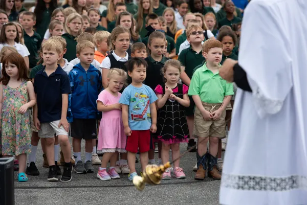 The procession stops at Mother Seton Catholic School in Emmitsburg, Maryland, on June 6, 2024. Credit: Jeffrey Bruno