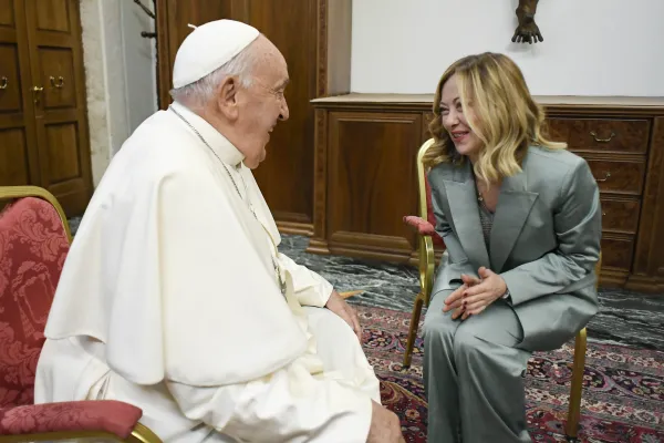 Among the special guests at the Mass for the first World Children's Day was Italian Prime Minister Giorgia Meloni, who together with her daughter Ginevra met the pope briefly before the Mass on Sunday, May 26, 2024. Credit: Daniel Ibañez/CNA