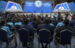 Pope Francis speaking at the 7th Congress of Leaders of World and Traditional Religions in Nur-Sultan, Kazakhstan, Sept. 15, 2022. Vatican media