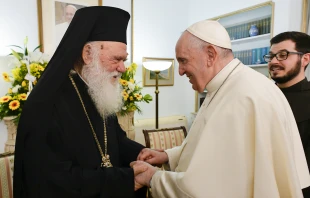 Pope Francis greets His Beatitude Ieronymos II in Athens, Greece on Dec. 5, 2021. Vatican Media