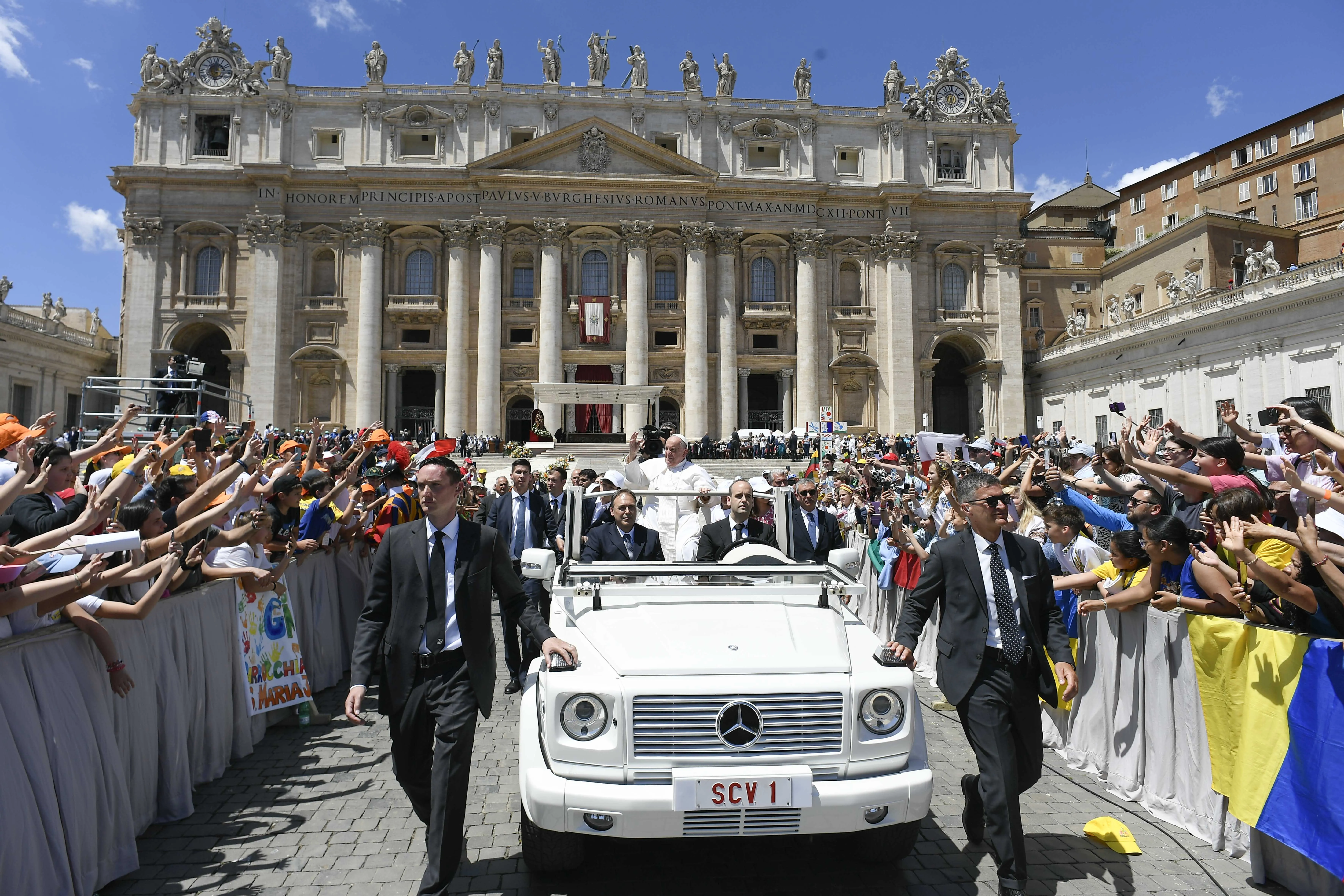 Pope Francis greets thousands of children and their families as he makes his way through St. Peter's Square during the first World Children's Day, Sunday, May 26, 2024.?w=200&h=150