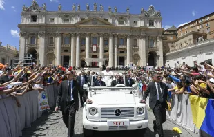 Pope Francis greets thousands of children and their families as he makes his way through St. Peter's Square during the first World Children's Day, Sunday, May 26, 2024. Credit: Daniel Ibañez/CNA