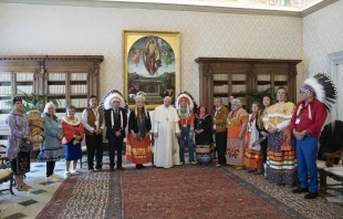 Pope Francis meets members of the First Nations at the Vatican on March 31, 2022. Vatican Media