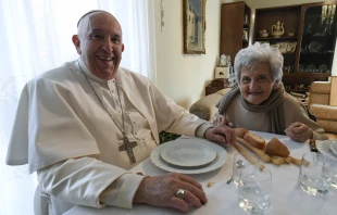 Pope Francis has lunch with his second cousin Carla Rabezzana at her home in Portacomaro, Italy on Nov. 19, 2022. Vatican Media