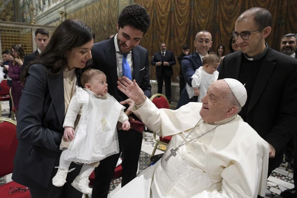 The pope greets a family at the feast of the Baptism of the Lord at the Sistine Chapel, Sunday, Jan. 12, 2025. Credit: Vatican Media