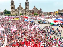 The cathedral church of Mexico City, the Metropolitan Cathedral of the Assumption of the Most Blessed Virgin Mary into Heaven, in the historic center of the city, is seen here on May 29, 2024, during the closing campaign rally of the country's victorious presidential candidate, Claudia Sheinbaum.