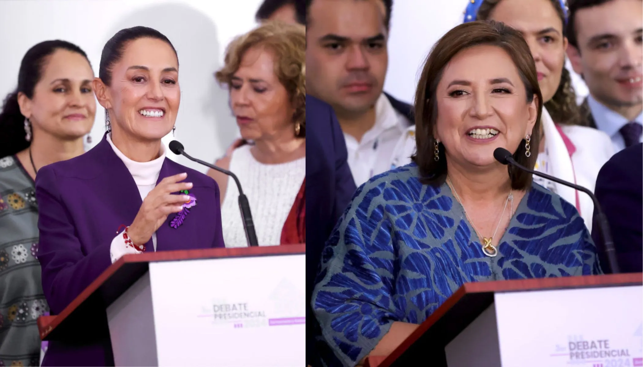 Mexico presidential candidates Claudia Sheinbaum (left) and Xóchitl Gálvez speak after the last presidential debate ahead the presidential election at Centro Cultural Tlatelolco on May 19, 2024, in Mexico City, Mexico.?w=200&h=150