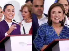 Mexico presidential candidates Claudia Sheinbaum (left) and Xóchitl Gálvez speak after the last presidential debate ahead the presidential election at Centro Cultural Tlatelolco on May 19, 2024, in Mexico City, Mexico.