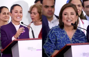 Mexico presidential candidates Claudia Sheinbaum (left) and Xóchitl Gálvez speak after the last presidential debate ahead the presidential election at Centro Cultural Tlatelolco on May 19, 2024, in Mexico City, Mexico. Credit: Medios y Media/Getty Images