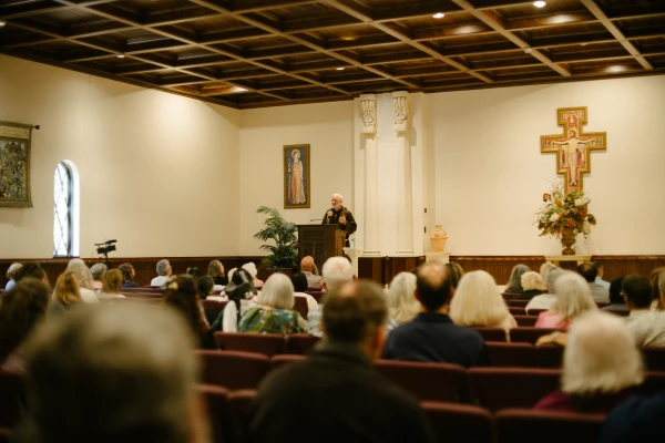 Father Joseph Mary of the Franciscan Missionaries of the Eternal Word gives a talk at the shrine on an Adoration Sodality Day. Credit: Photo courtesy of the Shrine of the Most Blessed Sacrament