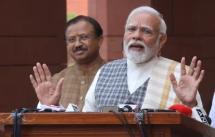 Indian Prime Minister Narendra Modi addresses the media on the opening day of the winter session of the Parliament, at Parliament House, New Delhi, India, Dec. 4, 2023. Credit: Shutterstock