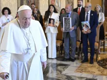 Pope Francis meets on Aug. 26, 2024, at the Vatican with relatives of the victims of the deadly 2020 Beirut explosion.