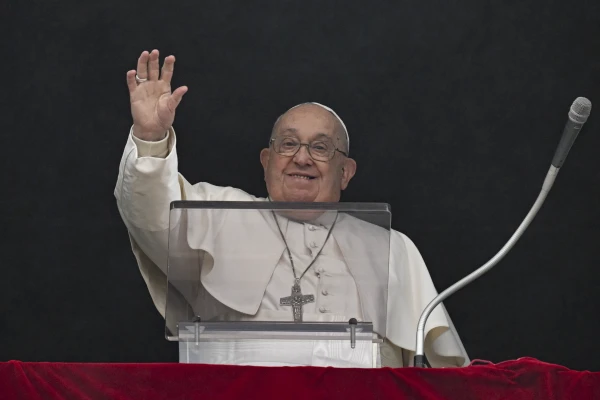 Pope Francis waves to jubilee pilgrims gathered in St. Peter's Square to hear the Angelus on Jan. 5, 2025. Credit: Vatican Media