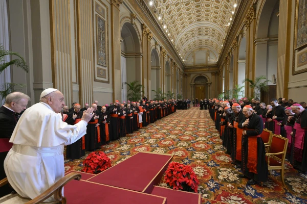 Pope Francis addresses cardinals and senior Vatican officials during his annual Christmas speech to the Roman Curia, Dec. 22, 2024. Credit: Vatican Media