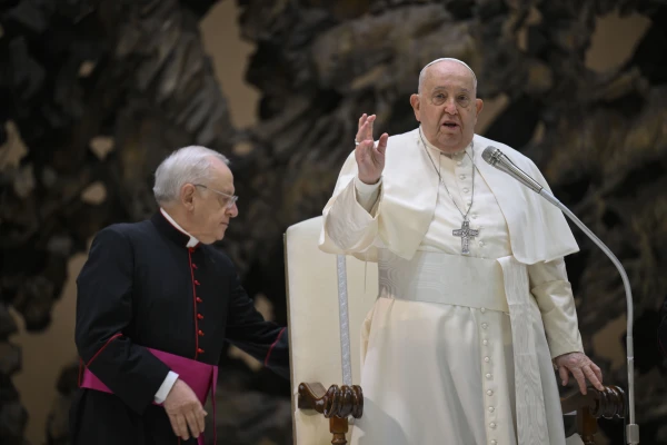 Pope Francis speaks during the annual Christmas gathering with employees in the Vatican’s Paul VI Hall on Dec. 22, 2024. Credit: Vatican Media