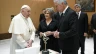 Cuban President Miguel Díaz-Canel and his wife, Lis Cuesta Pedraza, present gifts to Pope Francis during their meeting on Tuesday, June 20, 2023, at the Vatican.