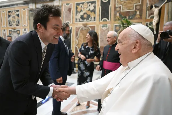 Late-night talk show host and comedian Jimmy Fallon greets Pope Francis at the Vatican's Apostolic Palace on June 14, 2024. Credit: Vatican Media