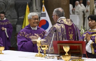 Cardinal Lazzaro You Heung-sik, prefect of Dicastery for the Clergy, and Vatican Secretary of State Cardinal Pietro Parolin celebrate Mass on Dec. 11, 2023, to mark the 60th anniversary of diplomatic relations between the Holy See and the Republic of Korea. Credit: Vatican Media