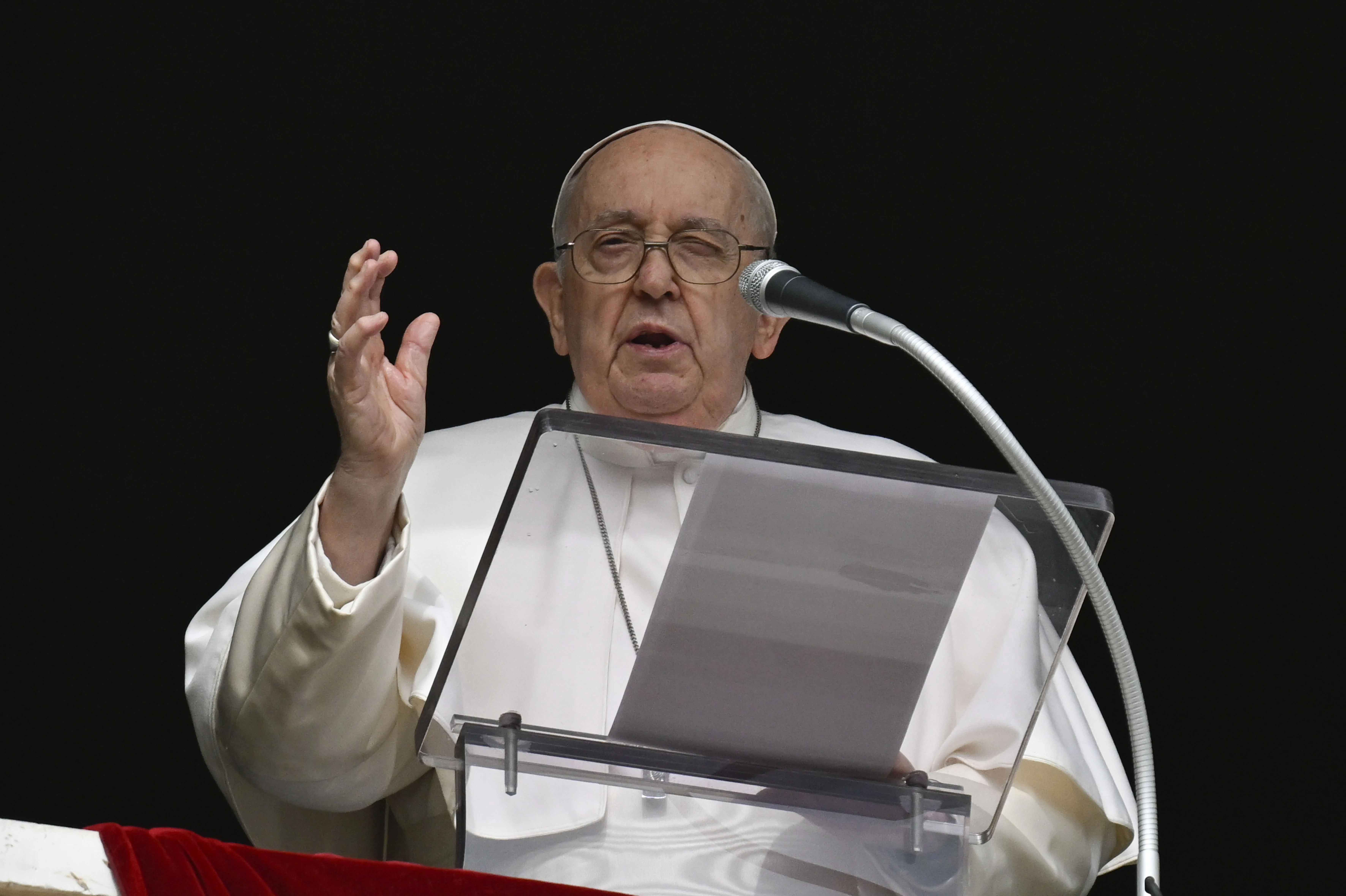 Pope Francis speaks from the window of the Apostolic Palace on a rainy Sunday in Rome on Feb. 11, 2024.?w=200&h=150