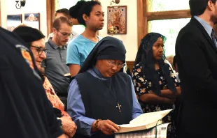 Sister Mary Rose Chinn of the Handmaids of the Triune God attends a Byzantine Divine Liturgy at Holy Protection of the Mother of God Byzantine Catholic Church in downtown Denver on June 8, 2024. Credit: Kate Quiñones/CNA