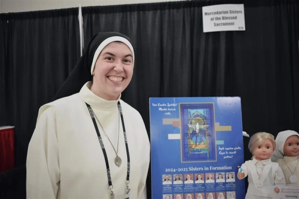 Sister Tonia of the Heart of Jesus Borsellino at the booth for the Mercedarian Sisters of the Blessed Sacrament at SEEK25 in Salt Lake City, on Jan. 3, 2025. Credit: Kate Quiñones/CNA