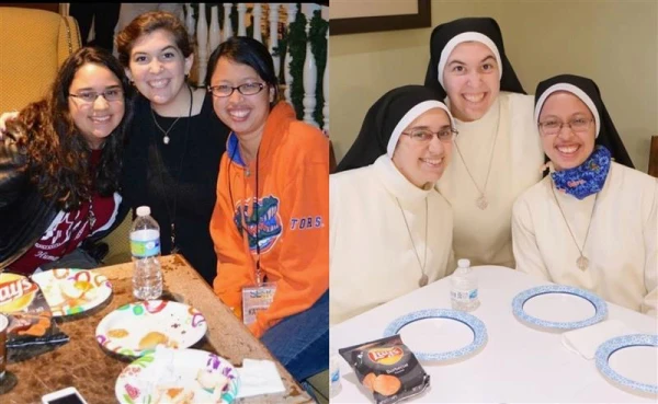 Sister Tonia and her friends before and after they joined the Mercedarian Sisters of the Blessed Sacrament. Left: SEEK 2015 in Nashville. Right: Recreated photo at the convent in Baton Rouge, Louisiana, in November 2020. Left to right: Sister Lourdes of the Holy Eucharist Rebecca Furnells, Sister Tonia of the Heart of Jesus Borsellino, Sister Kathryne of the Holy Trinity Cornista Lopez. Credit: Photos courtesy of Sister Tonia of the Heart of Jesus Borsellino