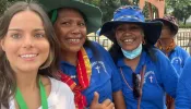 Socorro Vázquez (left) together with Indonesian friends prior to attending a papal Mass in Jakarta, Indonesia.