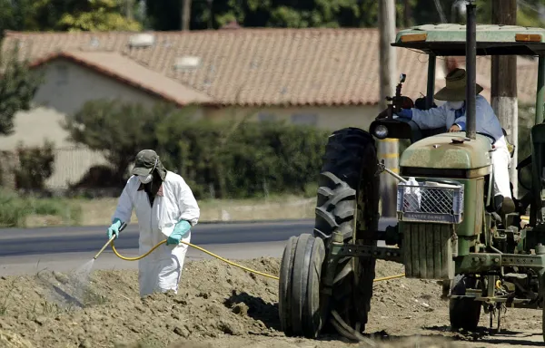 Farm workers spray chemicals at the edge of a field bordering homes on Aug. 12, 2004, near the town of Lamont, southeast of Bakersfield, California. California's Central Valley is one of the nation's most important agricultural and oil producing areas. Credit: David McNew/Getty Images