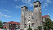 The exterior of St. Stanislaus Kostka Parish is seen in Michigan City, Indiana.