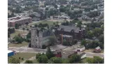 Aerial view of Buffalo, New York, with a focus on St. Ann's Roman Catholic Church (left).