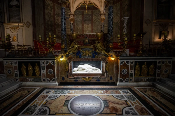 The main altar and crypt in the church of St. Cecilia in Trastevere. The church was built on the site of the house where the saint lived. St. Cecilia is known for “singing in her heart to the Lord” on her wedding day, despite her consecration to God. Credit: Daniel Ibañez/CNA