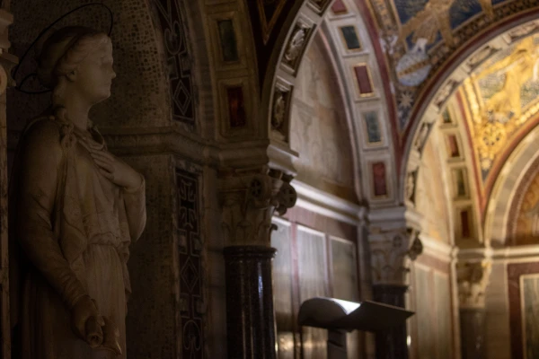 A statue in the Basilica of St. Cecilia in Trastevere in Rome, Italy. Credit: Daniel Ibañez/CNA