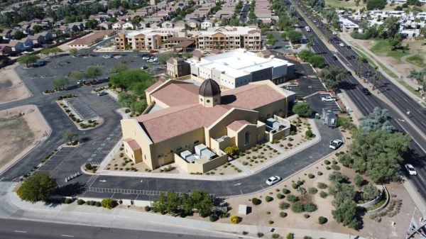 A rendering at St. Clare of Assisi in Surprise, Arizona, outside of Phoenix, where Acanthus Development is set to build senior living. Credit: Acanthus Development