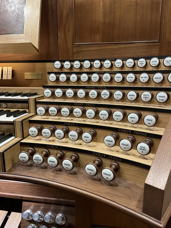 Stops line the newly installed gallery organ at the Cathedral of the Sacred Heart in Richmond, Virginia, May 2024. Credit: Daniel Payne/CNA