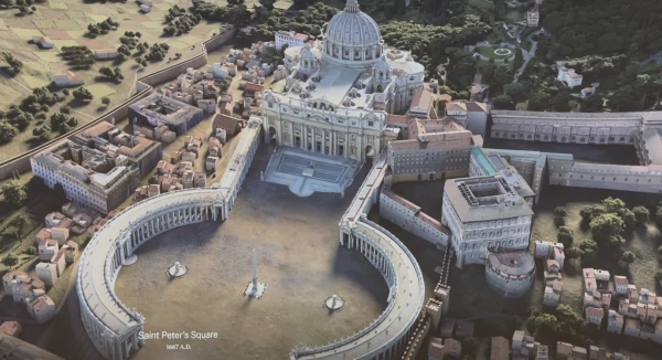 Photo taken on press tour of the “Pétros ení” exhibit at the Vatican, part of the Microsoft La Basilica Di San Pietro: AI-Enhanced Experience, a virtual 3D model of St. Peter’s Basilica generated using AI from more than 400,000 high-resolution images of the basilica taken by drones using advanced photogrammetry techniques. Credit: Courtney Mares/CNA