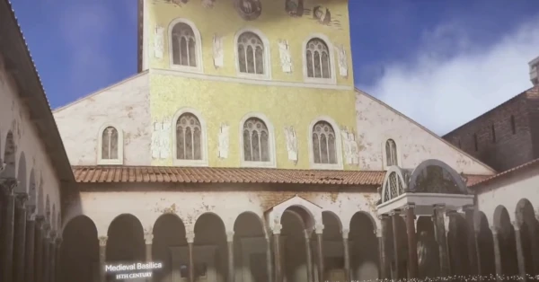 A digital recreation of how St. Peter’s Basilica would have looked to pilgrims visiting in the 15th century from the press tour of the “Pétros ení” exhibit, part of the Microsoft La Basilica Di San Pietro: AI-Enhanced Experience. Credit: Courtney Mares/CNA