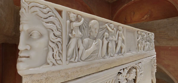 An AI-generated image of a marble sarcophagus. Credit: Microsoft La Basilica Di San Pietro: AI-Enhanced Experience