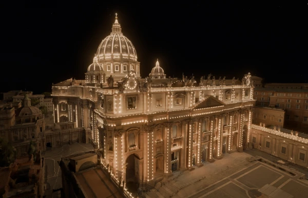 An AI-generated image of St. Peter’s Basilica at night. Credit: Microsoft La Basilica Di San Pietro: AI-Enhanced Experience