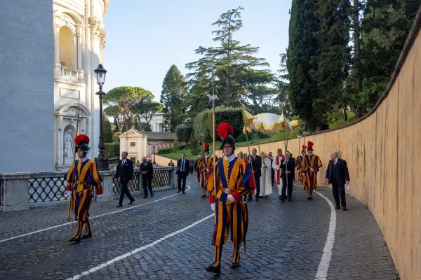 Swiss Guard accompany the Eucharist under the baldacchino during a Eucharistic procession in honor of the protomartyrs of Rome on June 27, 2024. Credit: Daniel Ibáñez/EWTN News