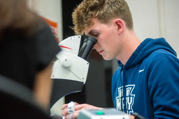 University of Mary SURVE student Austin Link takes a closer look at the eye of a live fruit fly under the microscope. Credit: Mike McCleary/University of Mary