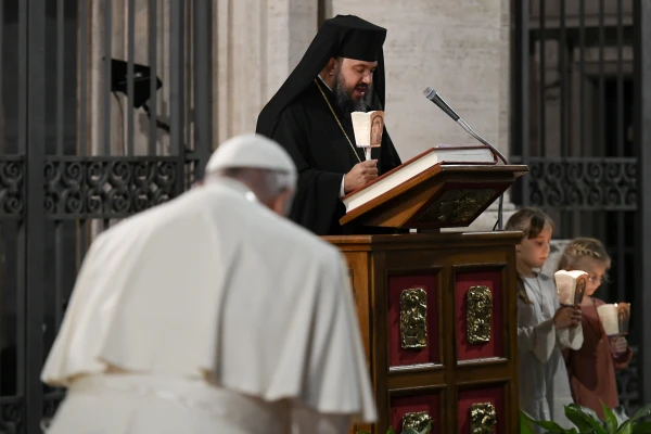 An Orthodox church leader offers prayers during an ecumenical prayer service on Oct. 11, 2024, in Protomartyrs Square at the Vatican. Credit: Vatican Media