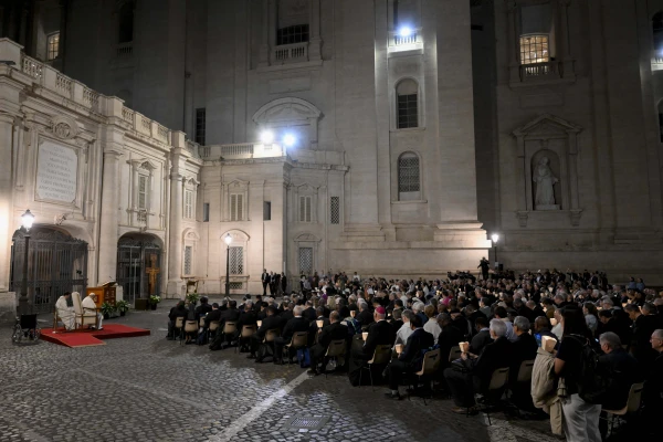 Pope Francis and Synod on Synodality participants, including non-Catholic delegates, pray together Friday, Oct. 11, 2024, in Protomartyrs Square at the Vatican. Credit: Vatican Media