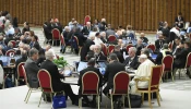 Pope Francis listens as part of a roundtable discussion at the 16th Ordinary General Assembly of the Synod of Bishops in Paul VI Hall at the Vatican on Oct. 8, 2024.