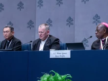 Cardinals-elect Archbishop Tarcisio Isao Kikuchi, SVD; Archbishop Jaime Spengler, OFM; and Archbishop Ignace Bessi Dogbo answer questions during a Synod on Synodality press briefing on Oct. 8, 2024.