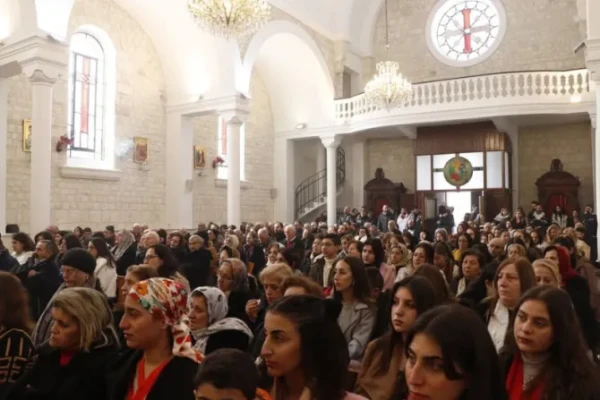 Parishioners at a Mass presided over by Bishop Hanna Jallouf at St. Joseph Church in Al-Qaniya, Idlib in Syria, the bishop's hometown. Credit: CTS