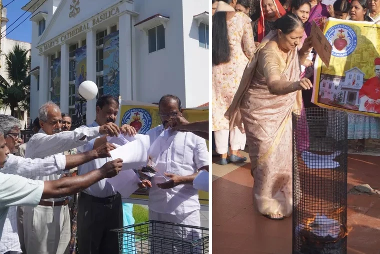 Left: Protesters burn a bishops’ circular in front of St. Mary’s Basilica, the cathedral of Ernakulam Archdicoese in India. Right: An elderly woman puts a burning circular into a bin in front of Vazhakkala, India, church.?w=200&h=150