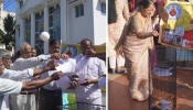 Left: Protesters burn a bishops’ circular in front of St. Mary’s Basilica, the cathedral of Ernakulam Archdicoese in India. Right: An elderly woman puts a burning circular into a bin in front of Vazhakkala, India, church.