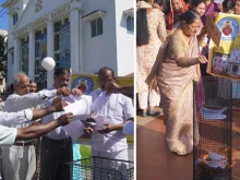 Left: Protesters burn a bishops’ circular in front of St. Mary’s Basilica, the cathedral of Ernakulam Archdicoese in India. Right: An elderly woman puts a burning circular into a bin in front of Vazhakkala, India, church.